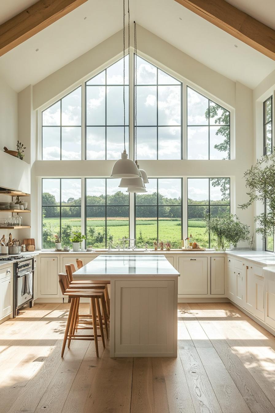 modern English cottage open layout kitchen with large windows overlooking stunning farm fields 2