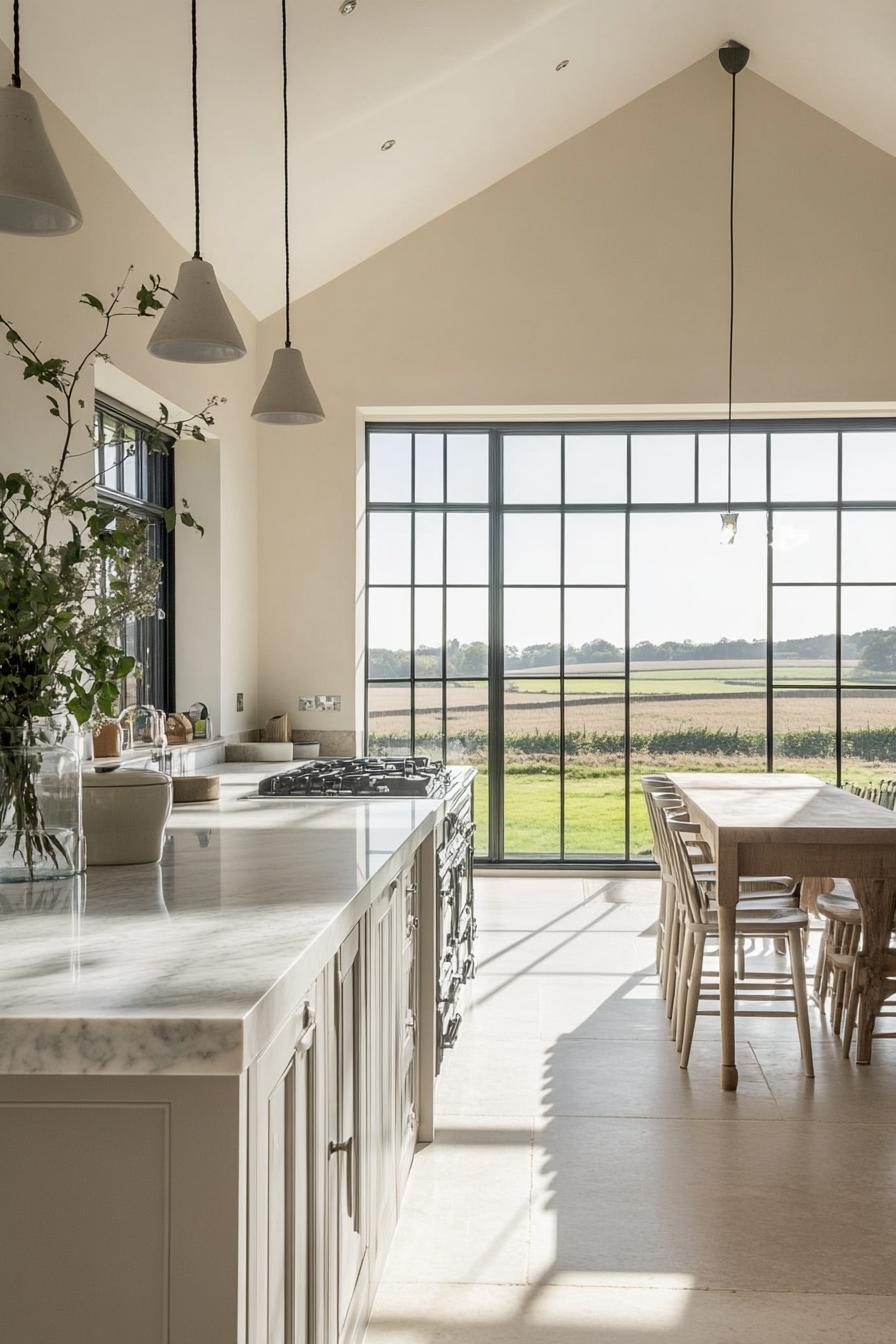 modern English cottage open layout kitchen with large windows overlooking stunning farm fields 3