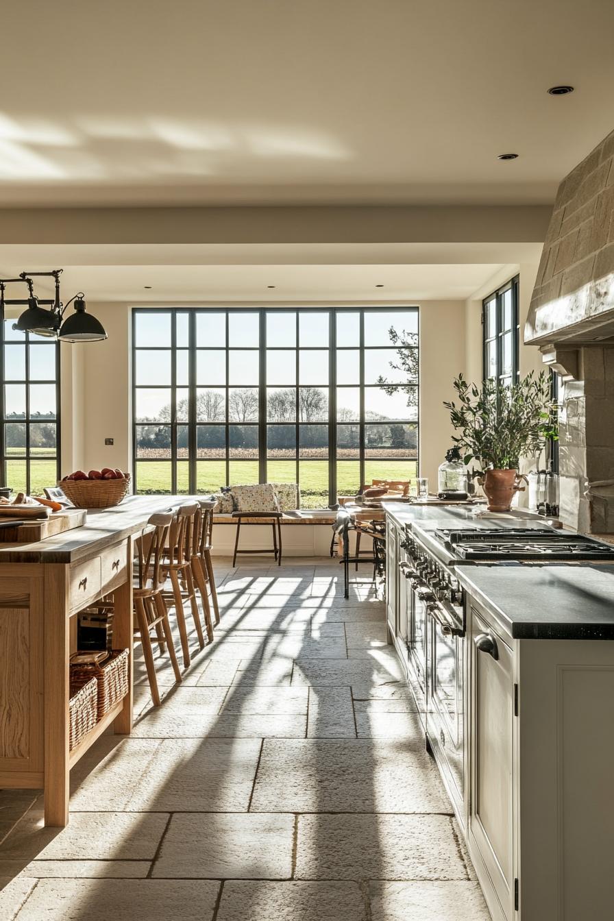 modern English cottage open layout kitchen with large windows overlooking stunning farm fields