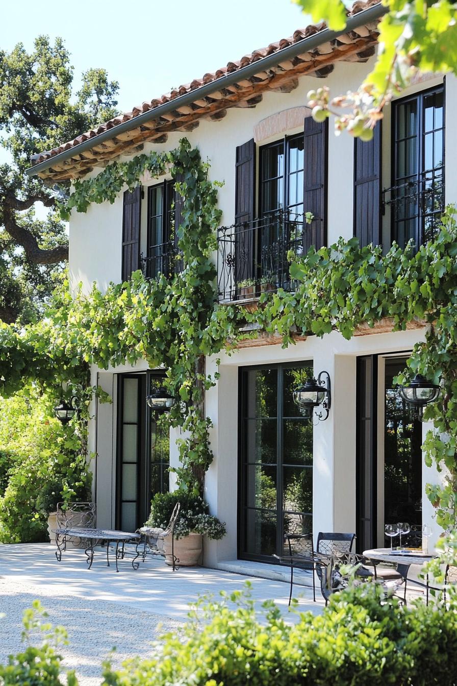 modern French mediterranean house facade with shutters and climbing grape vines 1