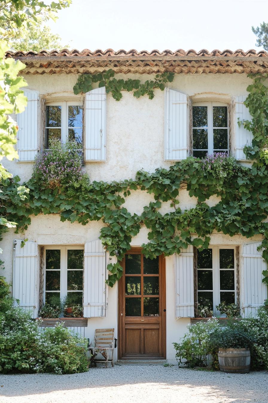 modern French mediterranean house facade with shutters and climbing grape vines 2