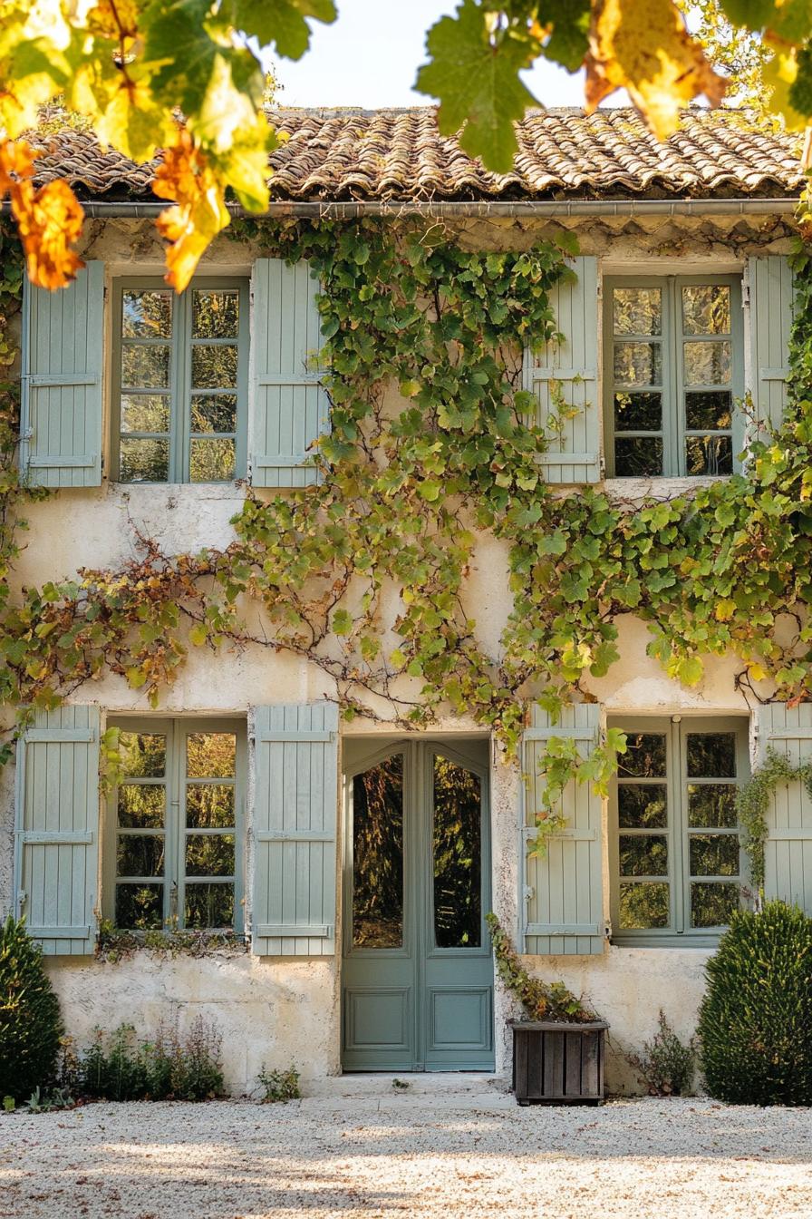 modern French mediterranean house facade with shutters and climbing grape vines 3