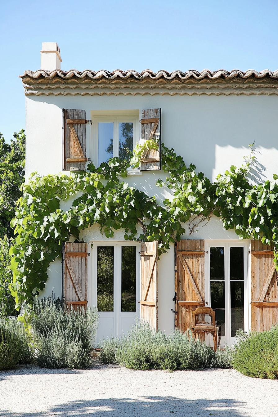 modern French mediterranean house facade with shutters and climbing grape vines