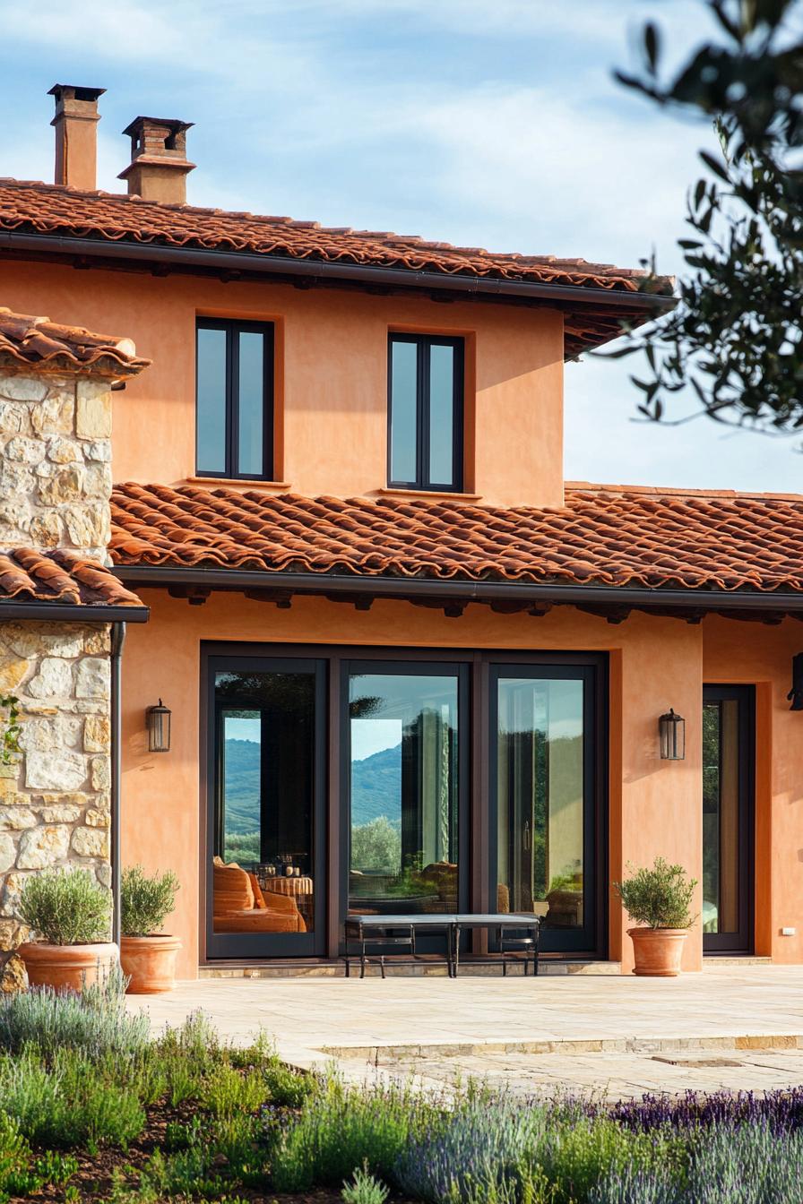 modern Italian mediterranean house facade with terracotta roof Italian farmland landscape 1