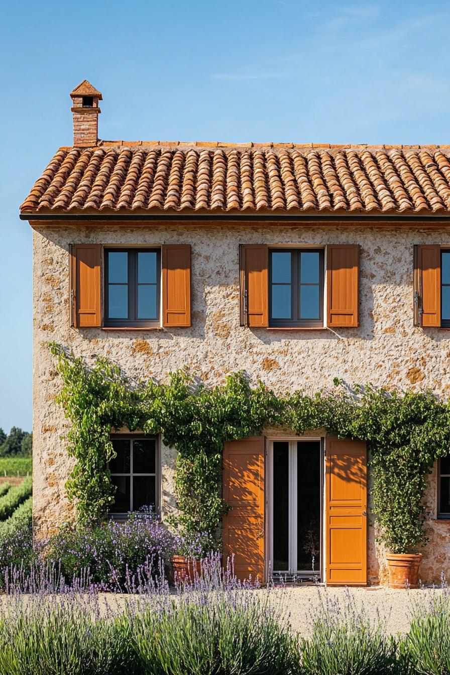 modern Italian mediterranean house facade with terracotta roof Italian farmland landscape 2