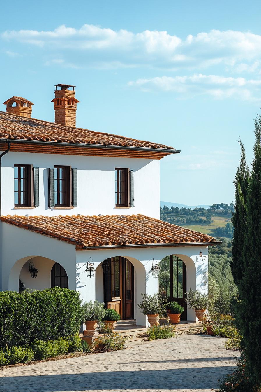 modern Italian mediterranean house facade with terracotta roof Italian farmland landscape 3