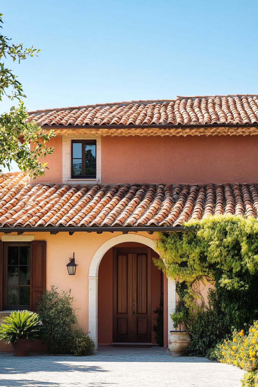 modern Italian mediterranean house facade with terracotta roof Italian farmland landscape