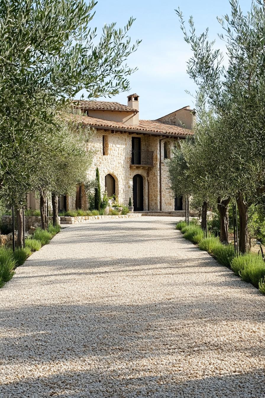 modern Tuscan mediterranean house with gravel driveway lined with olive trees 1