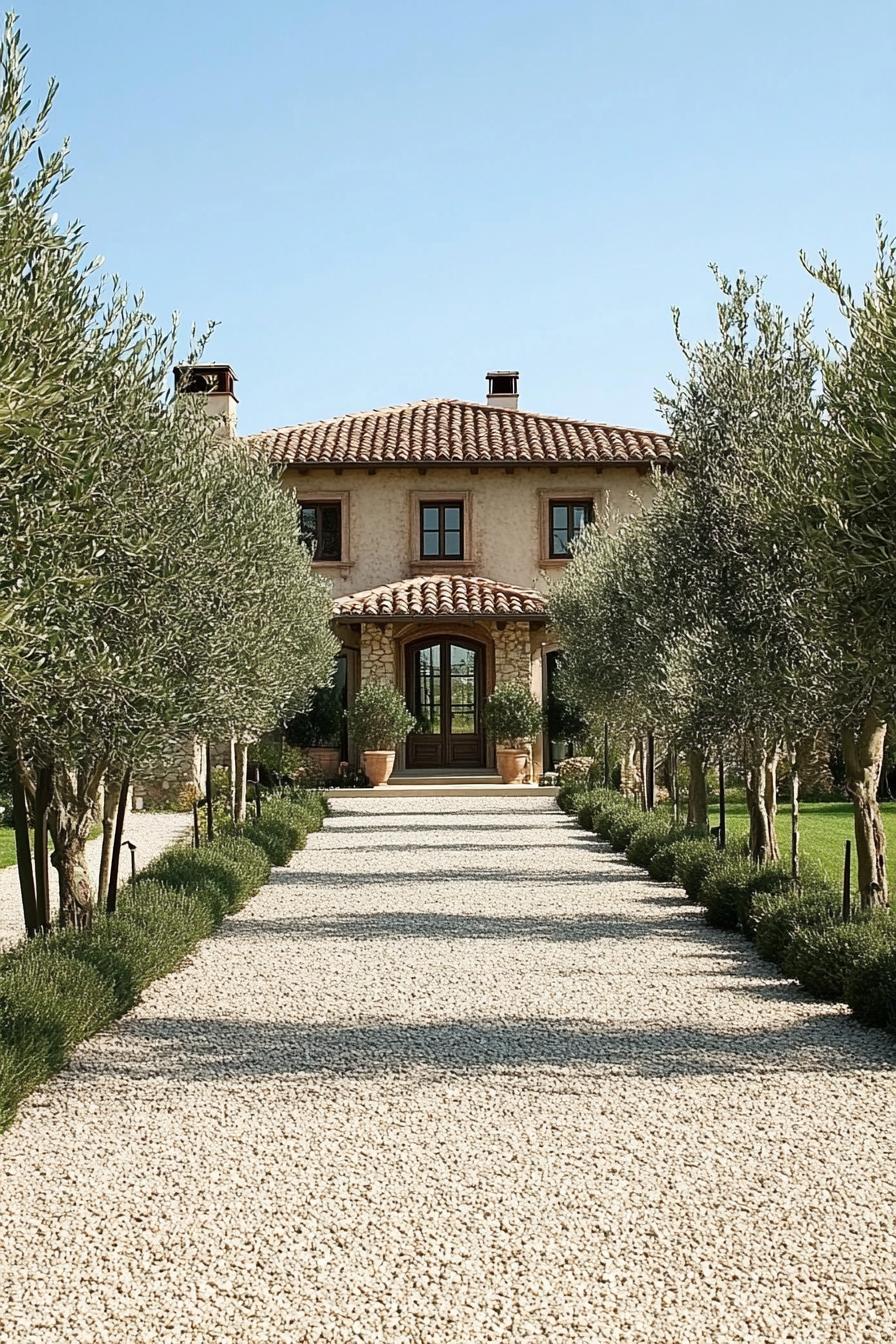 modern Tuscan mediterranean house with gravel driveway lined with olive trees 2