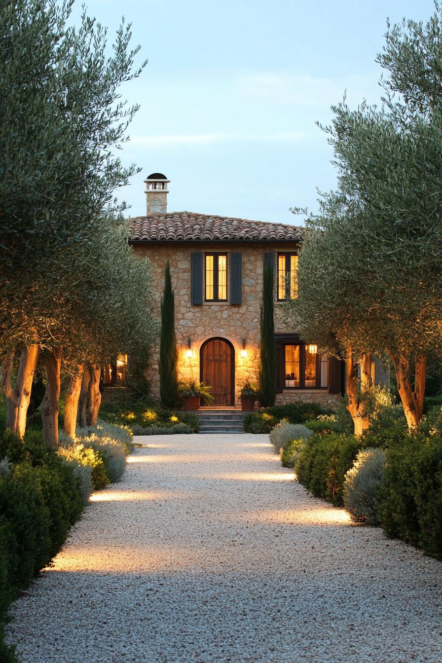 modern Tuscan mediterranean house with gravel driveway lined with olive trees 3