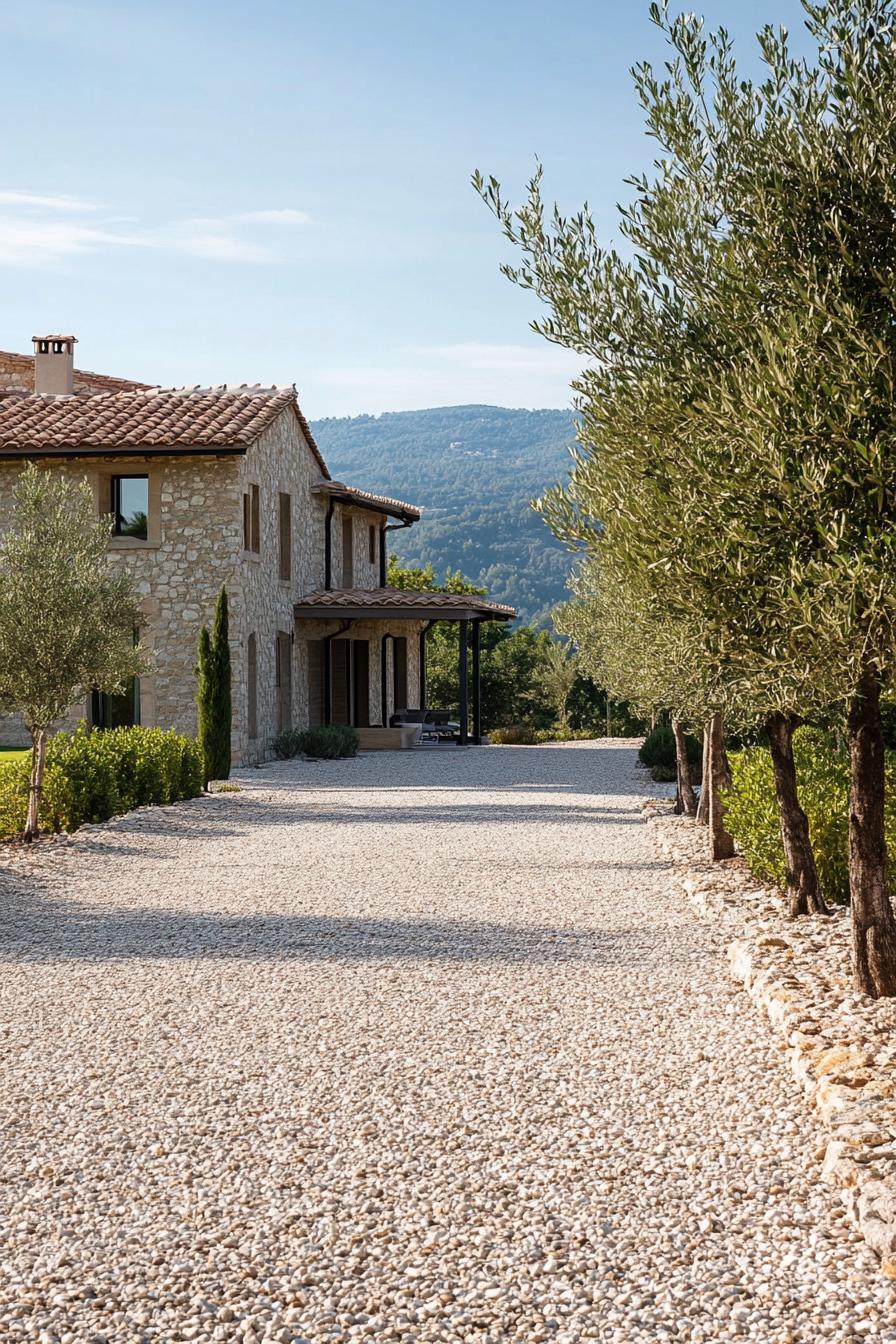 modern Tuscan mediterranean house with gravel driveway lined with olive trees