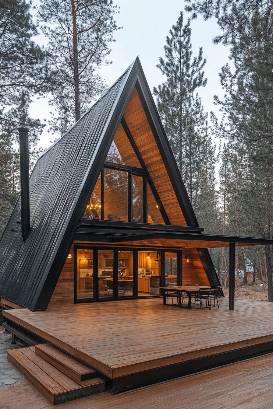 modern a frame cabin on a large wooden deck black metal roof reclaimed wood siding eave and porch cover tall pines in the background 1