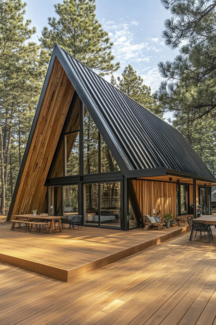 modern a frame cabin on a large wooden deck black metal roof reclaimed wood siding eave and porch cover tall pines in the background