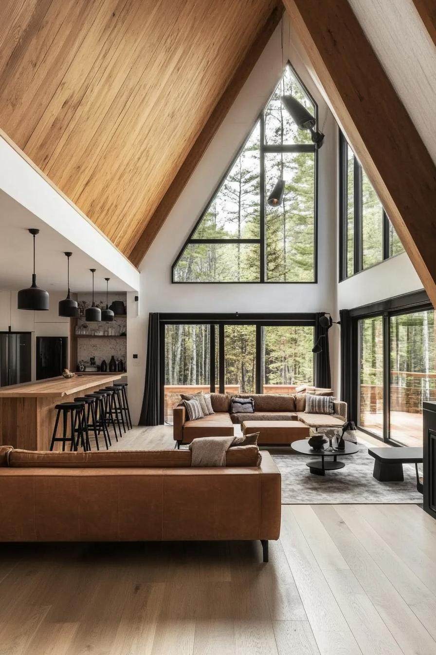 modern a frame forest home open plan interior living room with kitchen white ceiling natural wood planked wall with large windows wooden beams 1