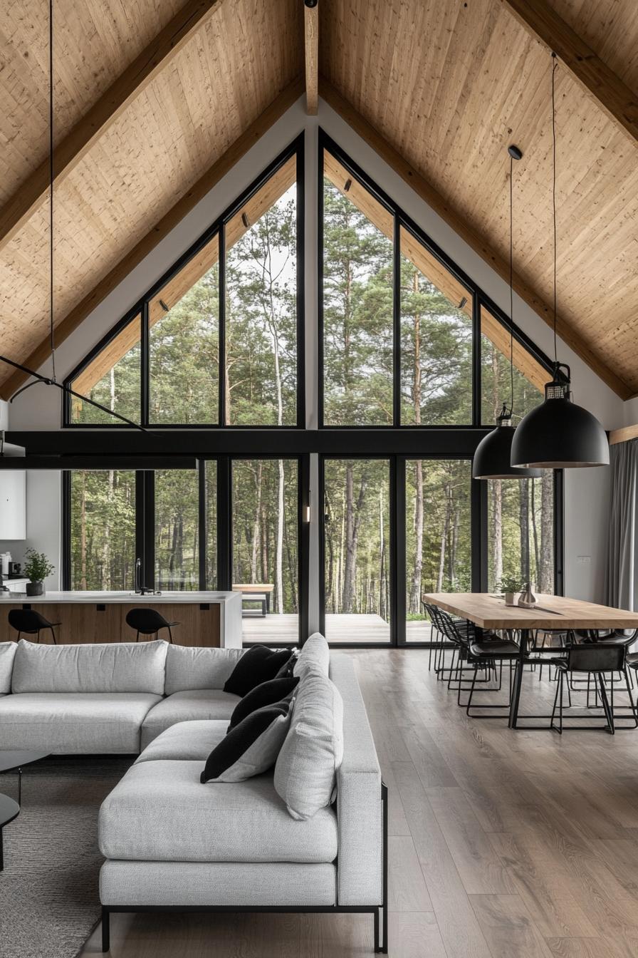 modern a frame forest home open plan interior living room with kitchen white ceiling natural wood planked wall with large windows wooden beams 2