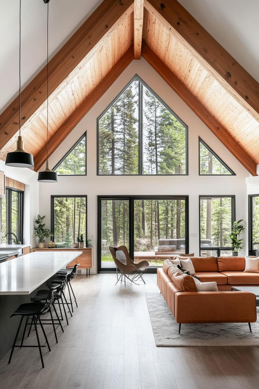 modern a frame forest home open plan interior living room with kitchen white ceiling natural wood planked wall with large windows wooden beams 3