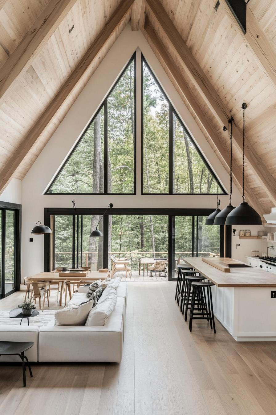 modern a frame forest home open plan interior living room with kitchen white ceiling natural wood planked wall with large windows wooden beams