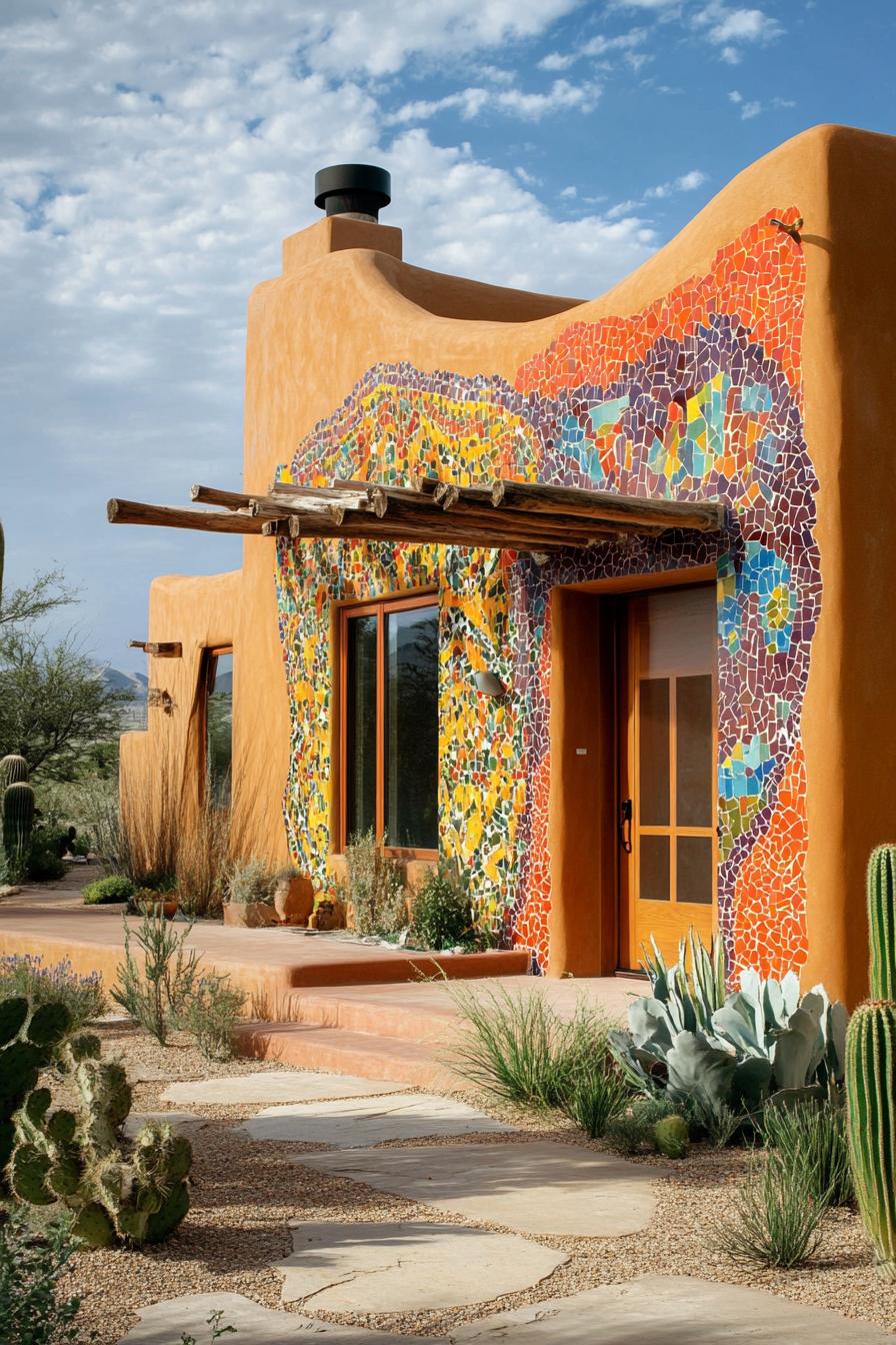 modern adobe house with vibrant mosaic walls 1