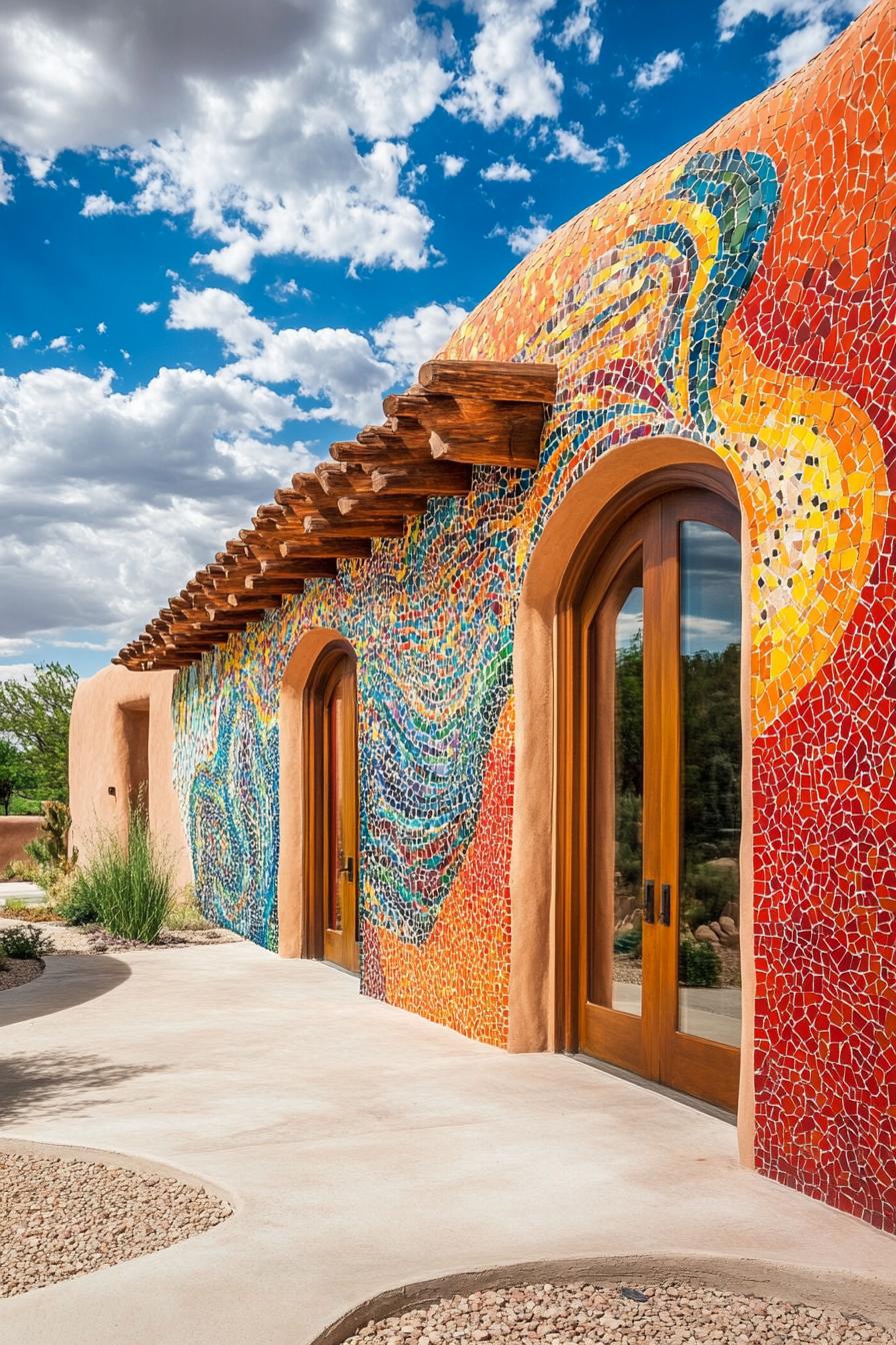 modern adobe house with vibrant mosaic walls