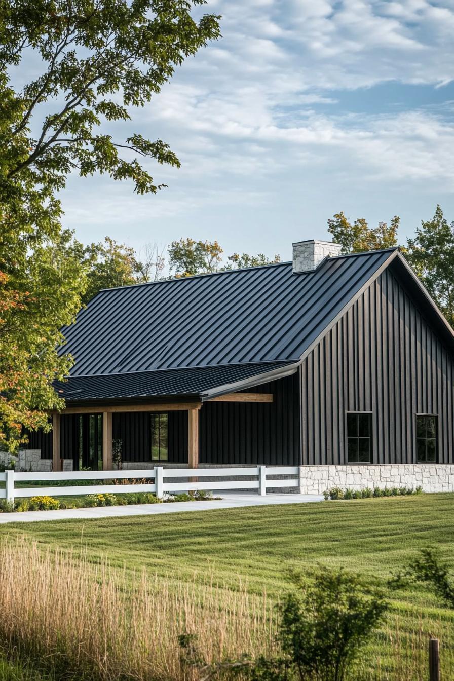 modern barn house with black metal roof exposed wooden beams white stone foundation concrete slab yard white horizontal slat fence in front grass