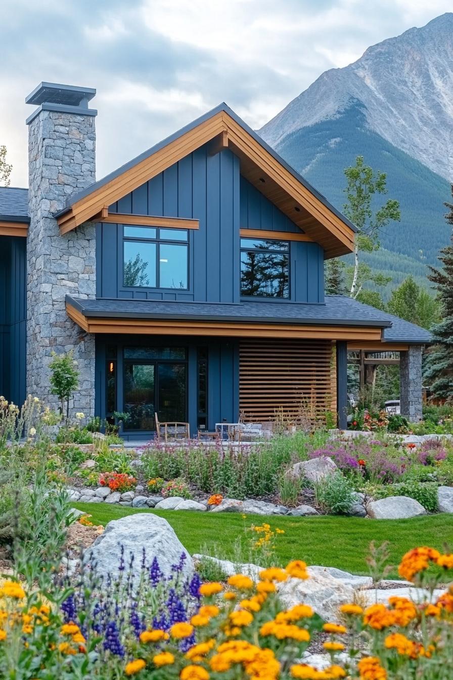 modern cottage style mountain house facade with slate blue siding cedar wood slatted accent wall stone chimney yard with flowers rocks and trees imposing mountain in the background 1