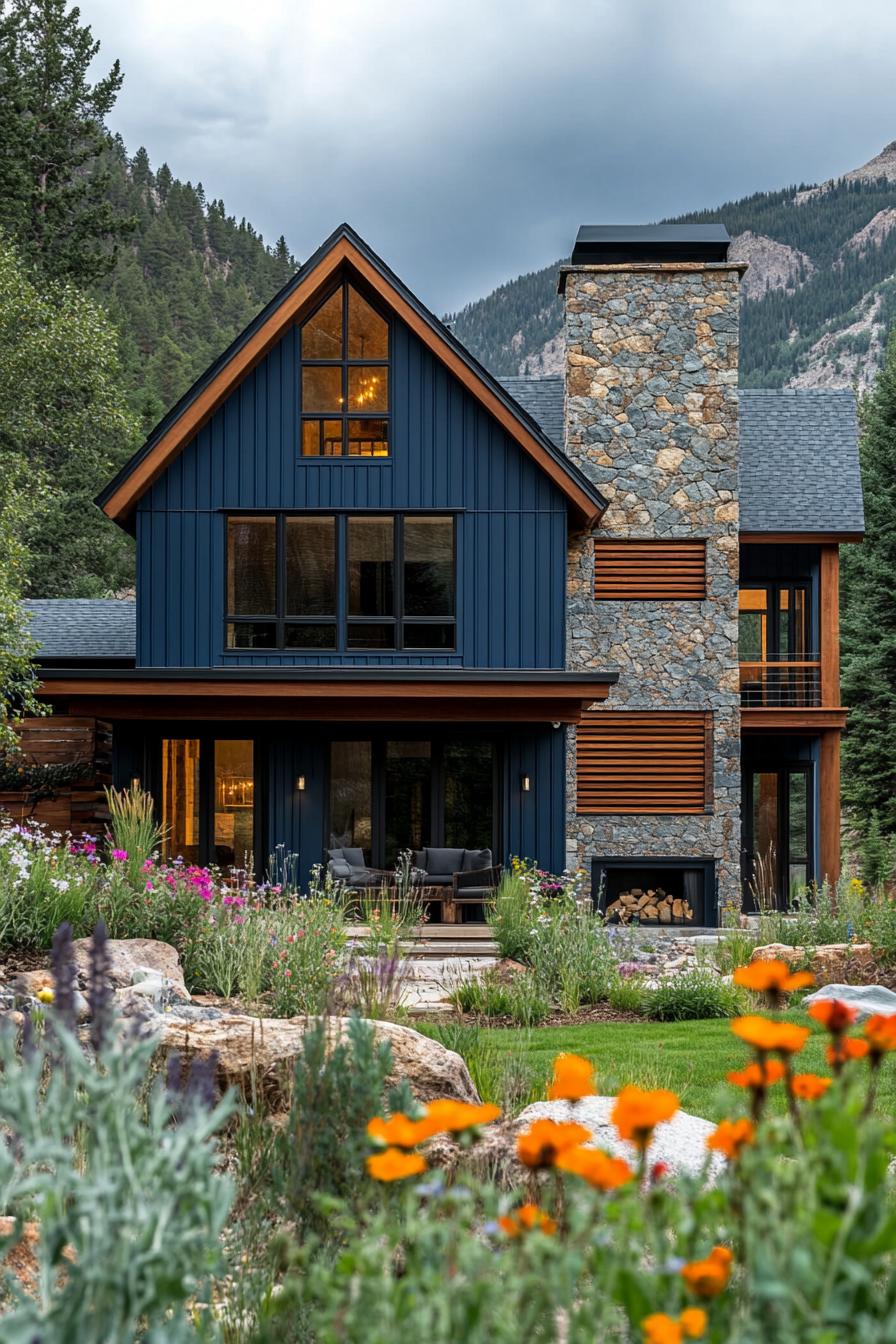 modern cottage style mountain house facade with slate blue siding cedar wood slatted accent wall stone chimney yard with flowers rocks and trees imposing mountain in the background 2