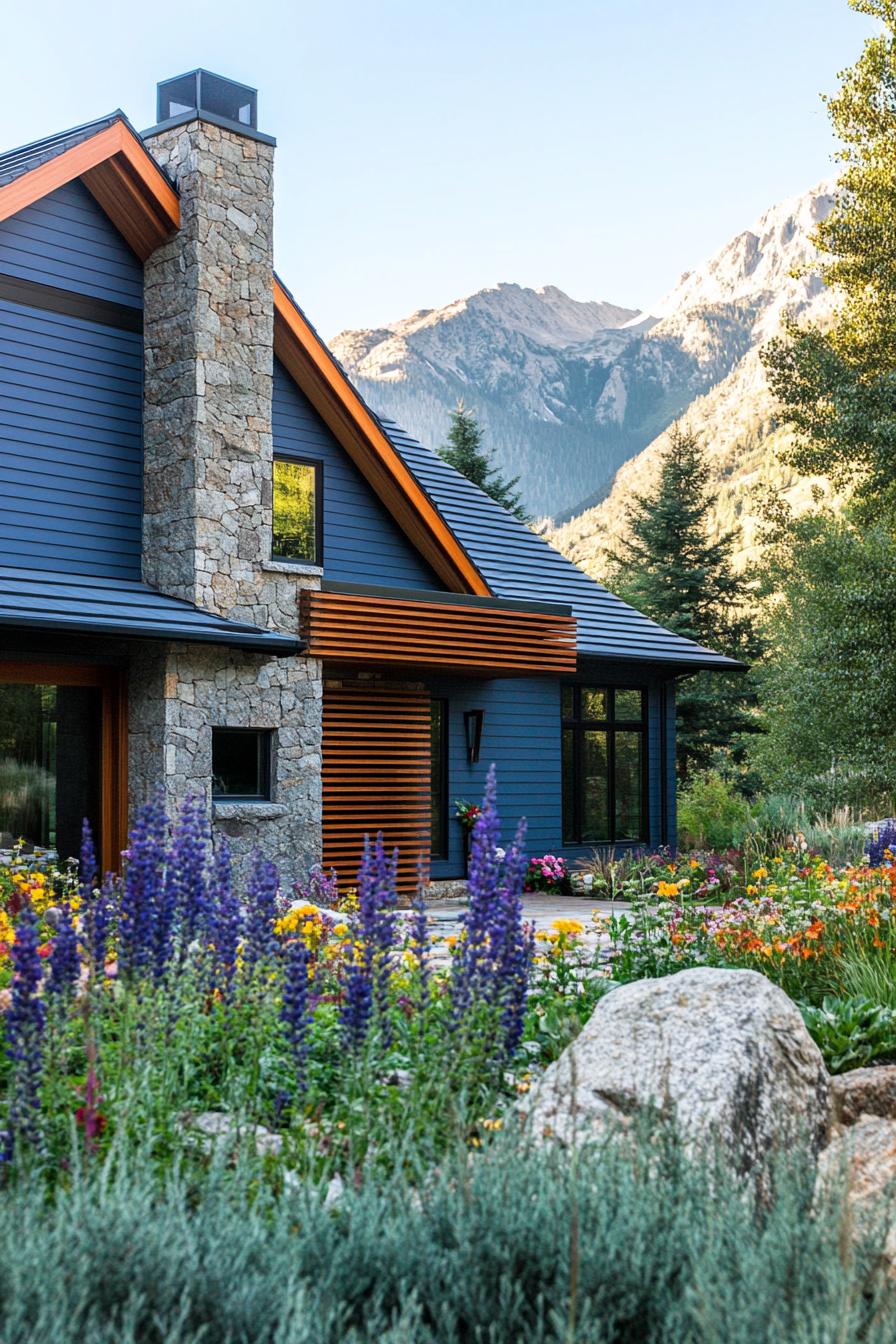 modern cottage style mountain house facade with slate blue siding cedar wood slatted accent wall stone chimney yard with flowers rocks and trees imposing mountain in the background 3