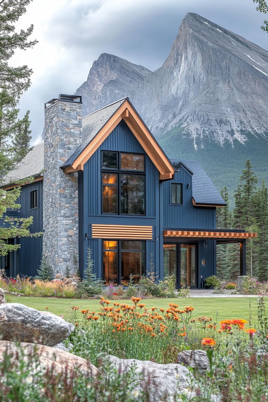 modern cottage style mountain house facade with slate blue siding cedar wood slatted accent wall stone chimney yard with flowers rocks and trees imposing mountain in the background