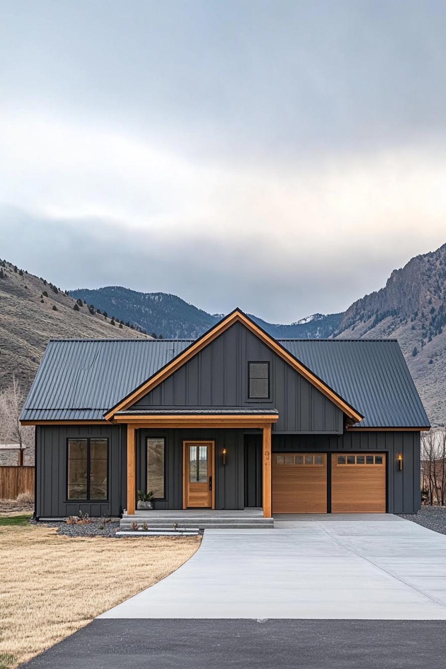 modern farmhouse style mountain house with slate grey siding back roof small porch with wooden columns detached double garage large concrete front 1