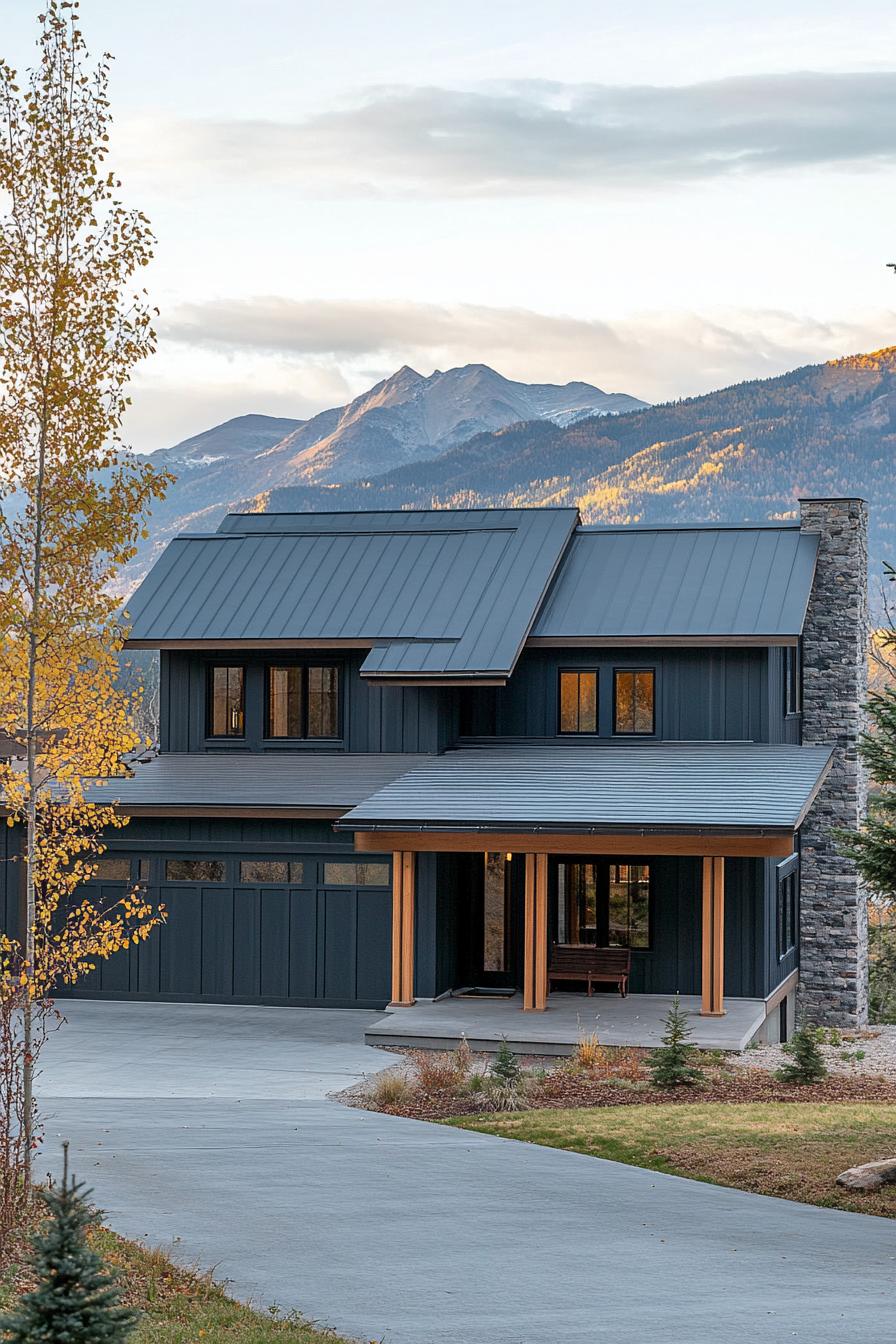 modern farmhouse style mountain house with slate grey siding back roof small porch with wooden columns detached double garage large concrete front 2