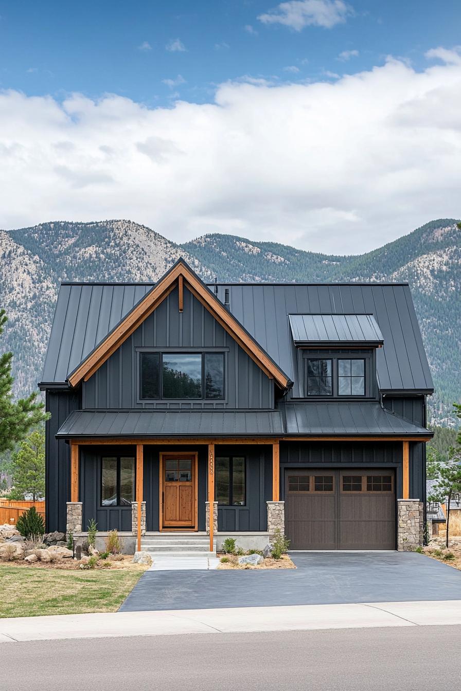 modern farmhouse style mountain house with slate grey siding back roof small porch with wooden columns detached double garage large concrete front 3