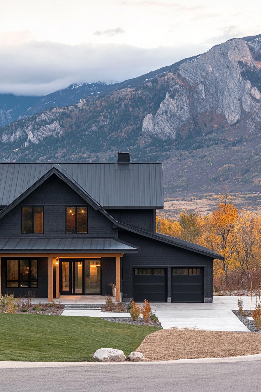 modern farmhouse style mountain house with slate grey siding back roof small porch with wooden columns detached double garage large concrete front