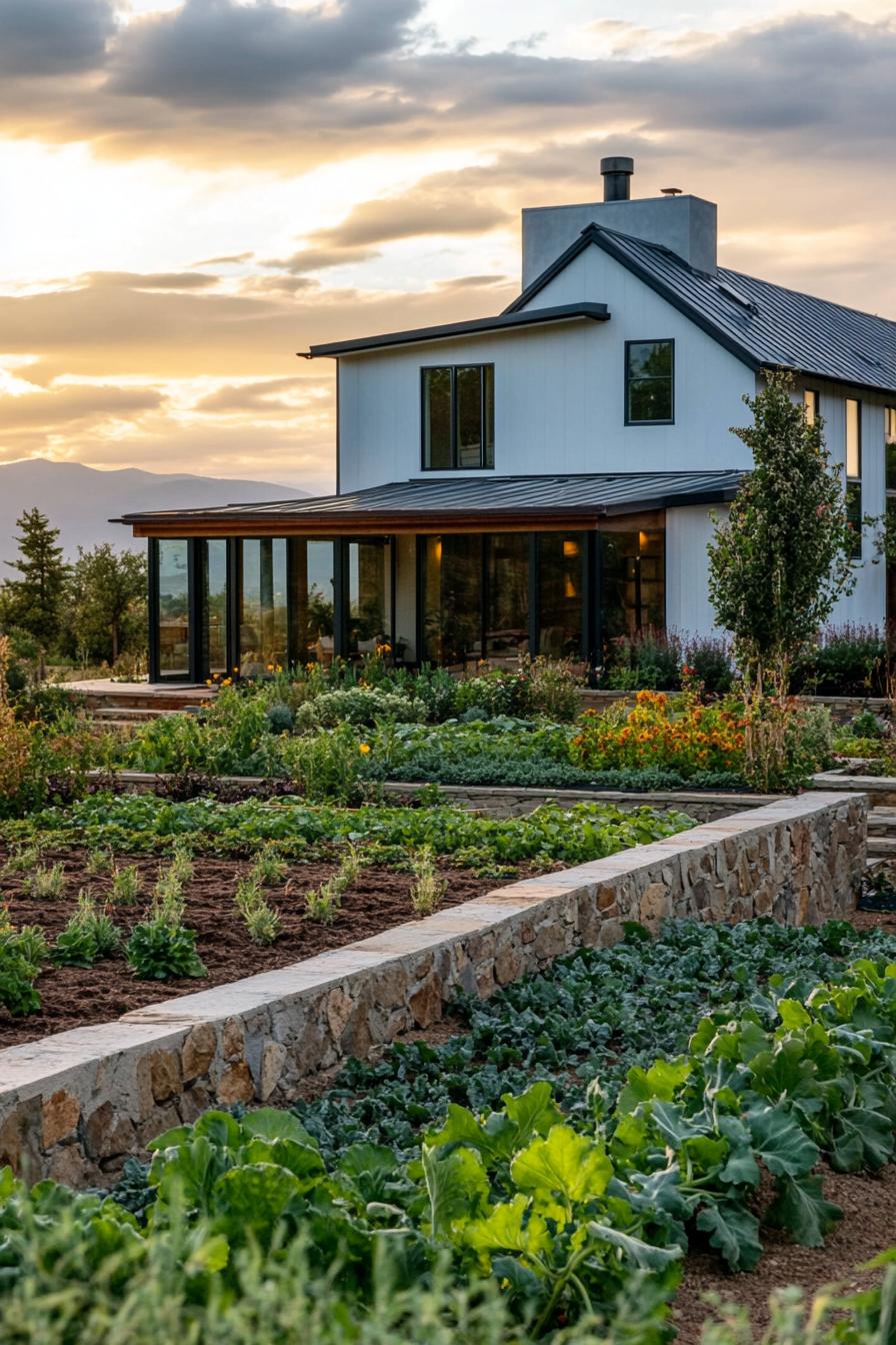 modern farmhouse with veggie gardens and irrigated landscape 1