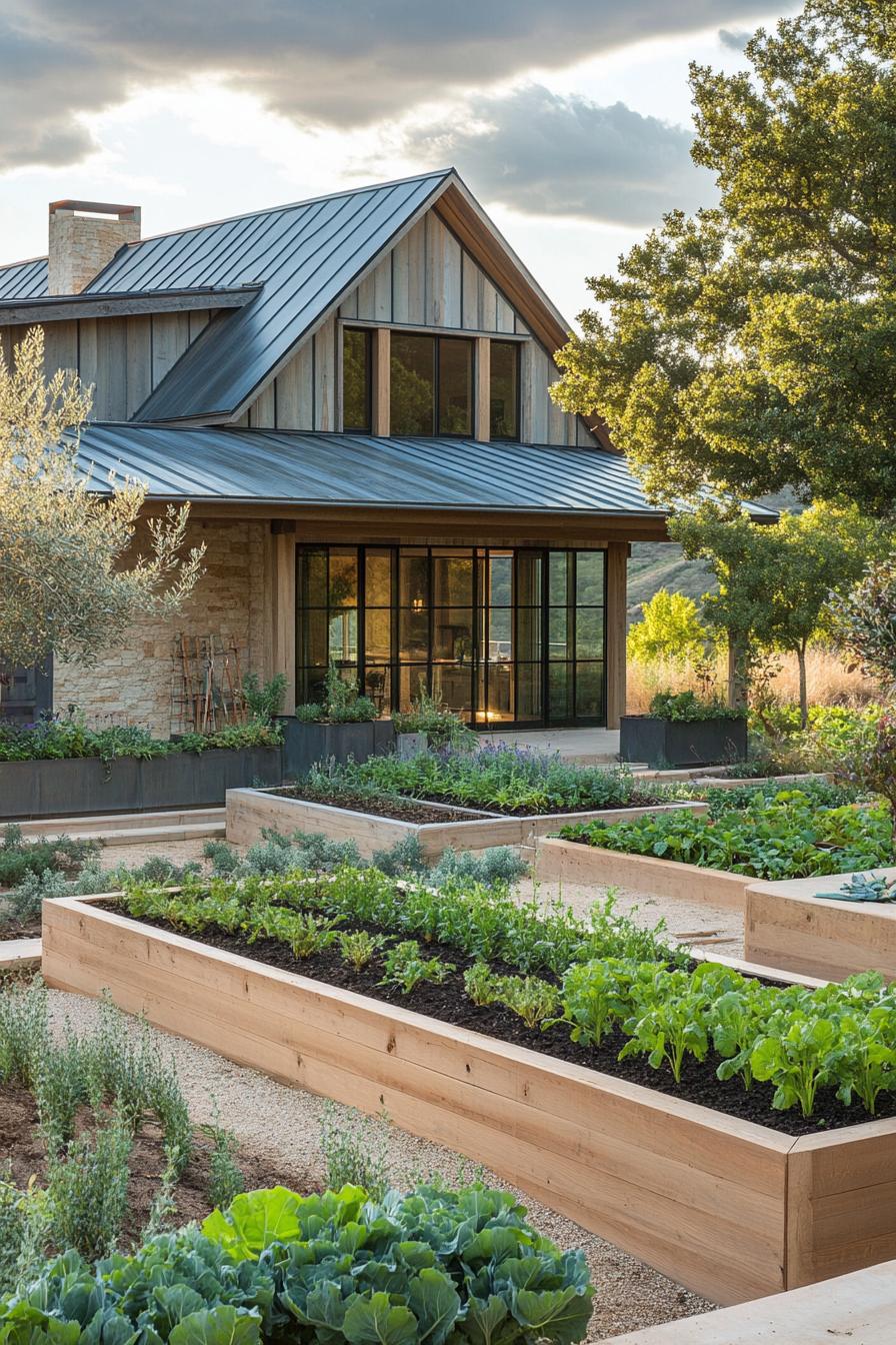 modern farmhouse with veggie gardens and irrigated landscape