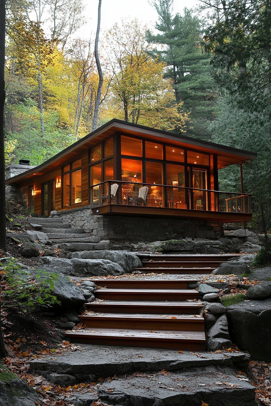 modern fores lodge with cedar siding on stone foundations pitched roof large porch with columns old wooden steps lead to the house on a slight 1