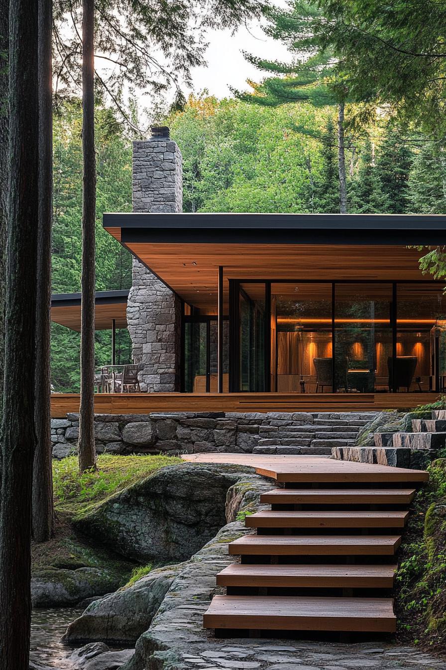 modern fores lodge with cedar siding on stone foundations pitched roof large porch with columns old wooden steps lead to the house on a slight 2