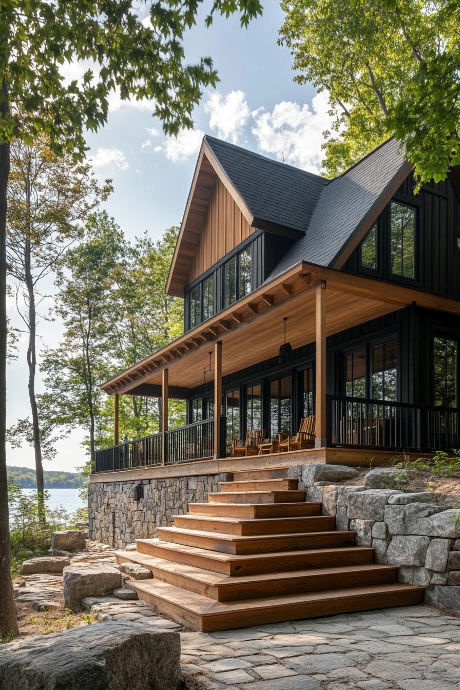 modern fores lodge with cedar siding on stone foundations pitched roof large porch with columns old wooden steps lead to the house on a slight 3