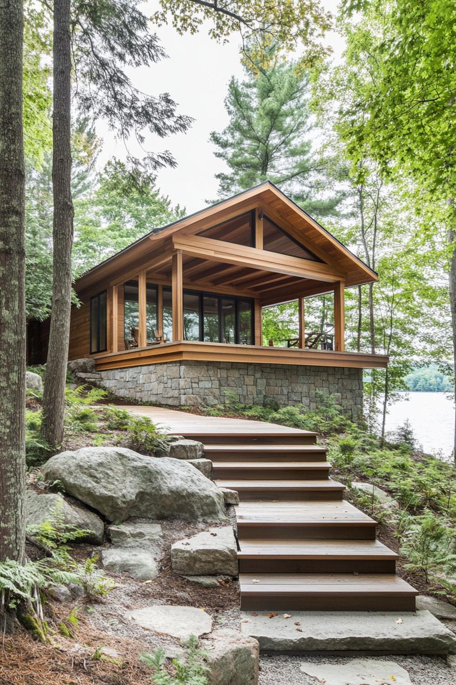 modern fores lodge with cedar siding on stone foundations pitched roof large porch with columns old wooden steps lead to the house on a slight