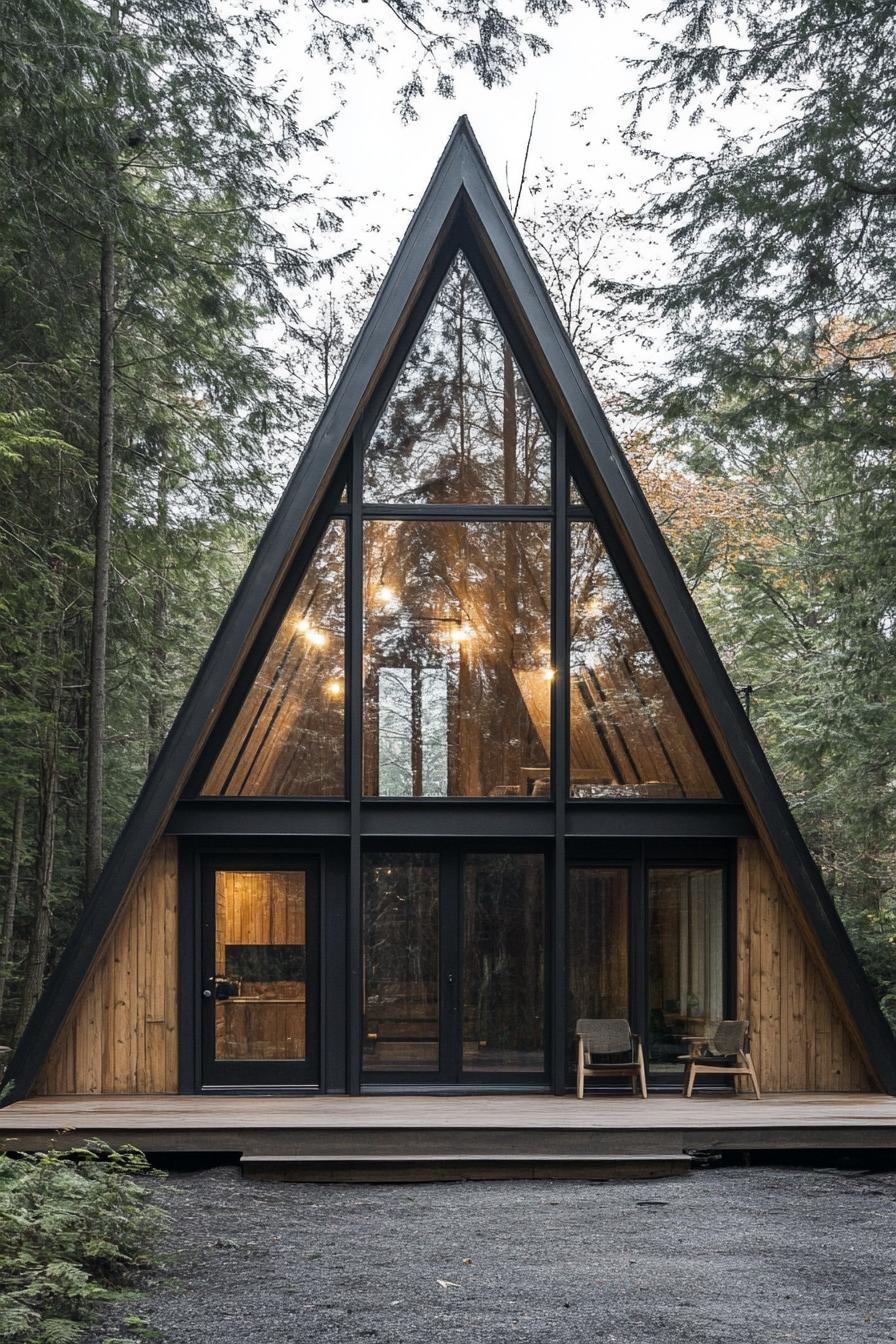 modern forest a frame cabin facade with rustic siding Scandinavian forest