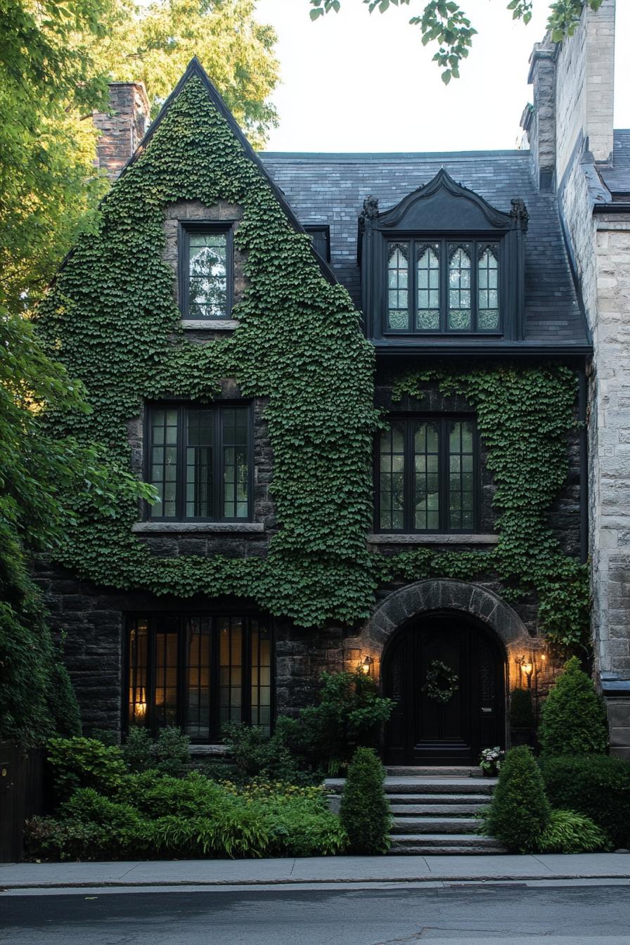 modern gothic style cottage stone facade covered in ivy in a row of townhouses 1