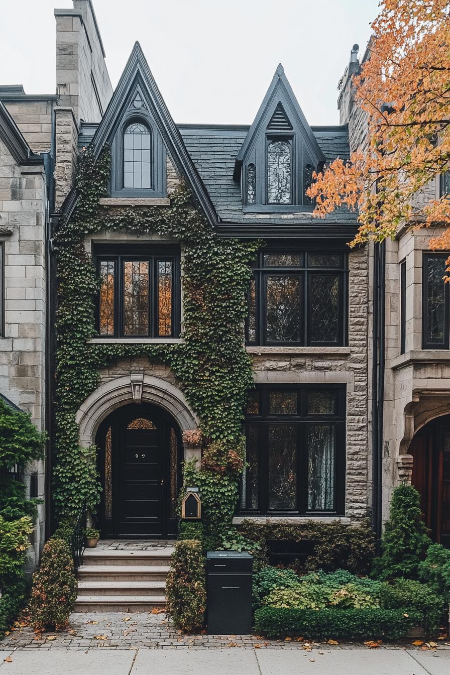 modern gothic style cottage stone facade covered in ivy in a row of townhouses 2