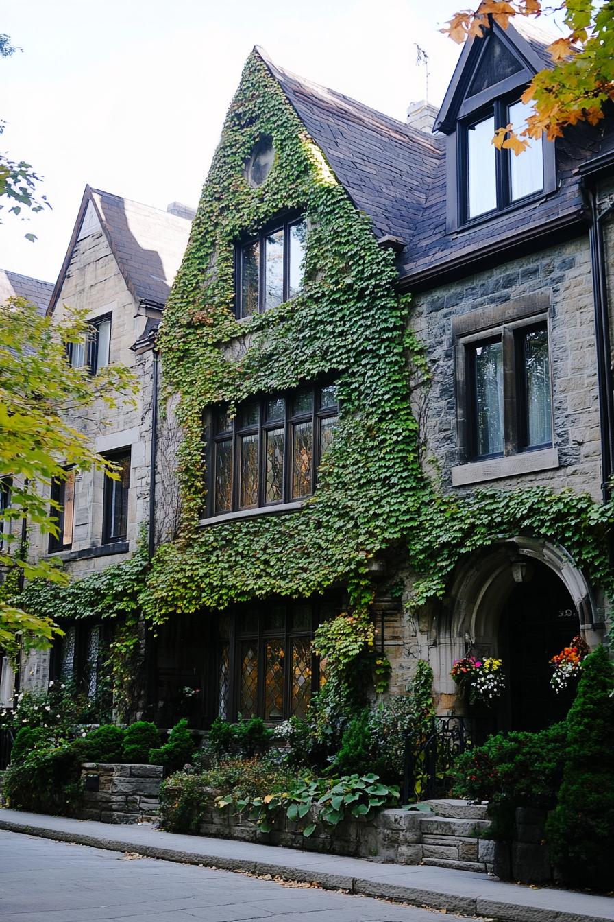 modern gothic style cottage stone facade covered in ivy in a row of townhouses 3