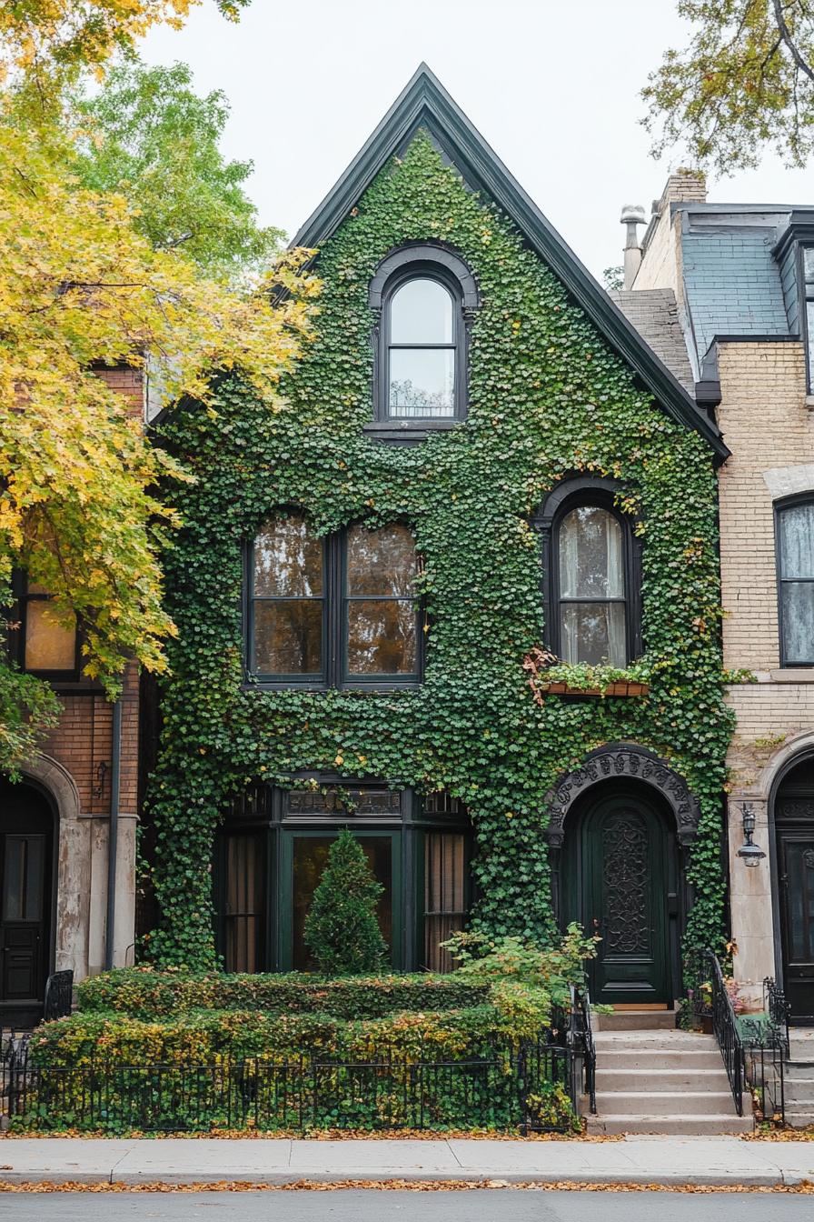 modern gothic style cottage stone facade covered in ivy in a row of townhouses