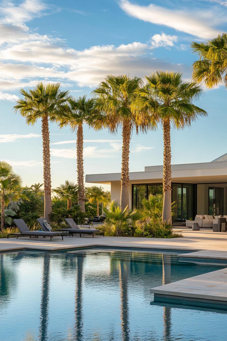 modern house backyard pool with poolside cabana landscape with tall palm trees 1