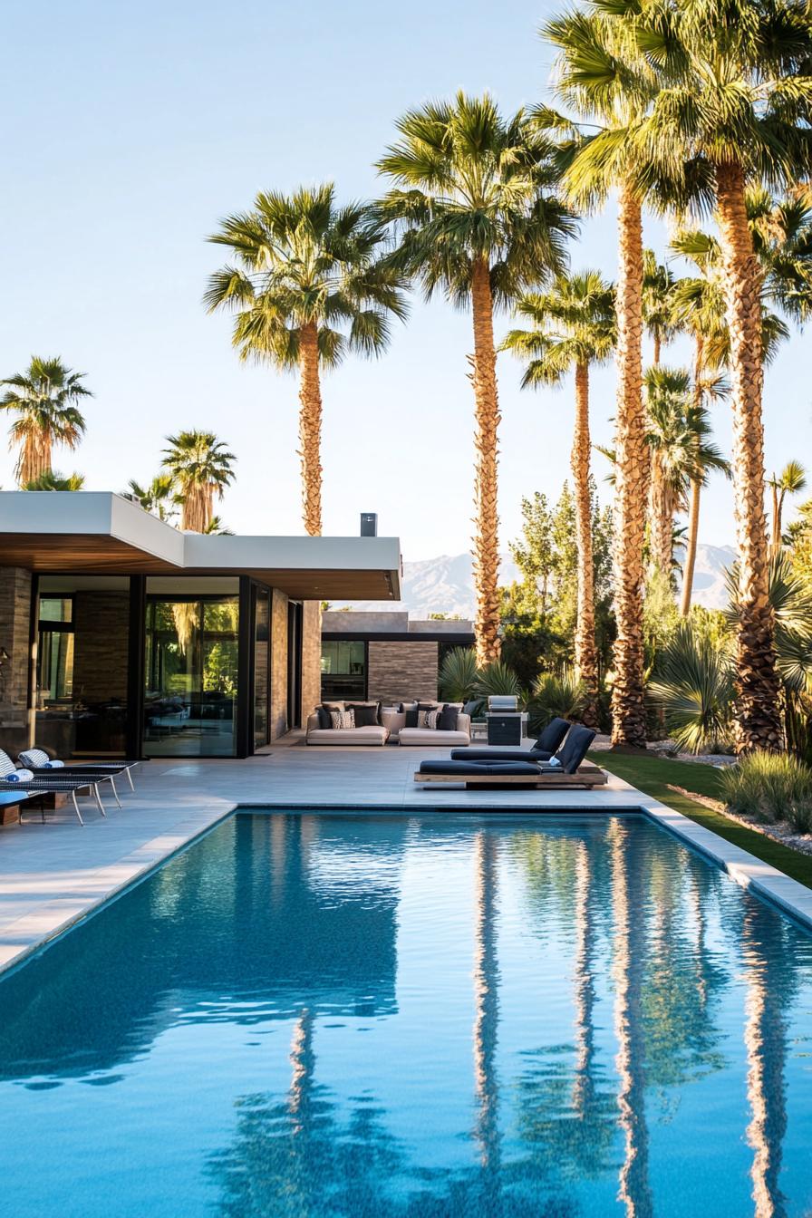 modern house backyard pool with poolside cabana landscape with tall palm trees 2