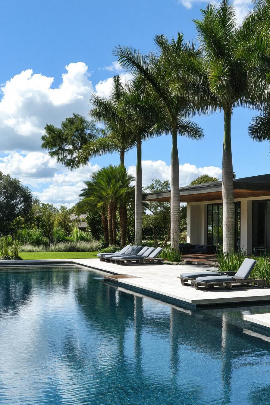 modern house backyard pool with poolside cabana landscape with tall palm trees 3