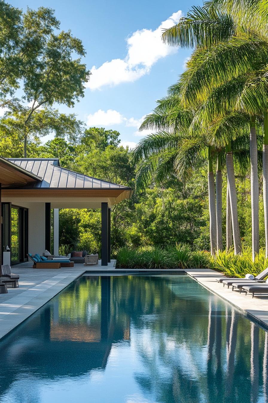 modern house backyard pool with poolside cabana landscape with tall palm trees