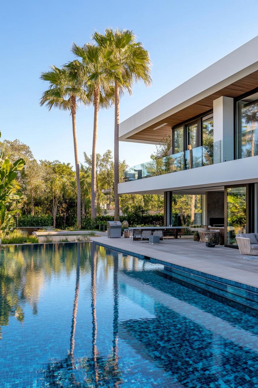 modern house with large pool wrapping around the house tall palms in the backyard