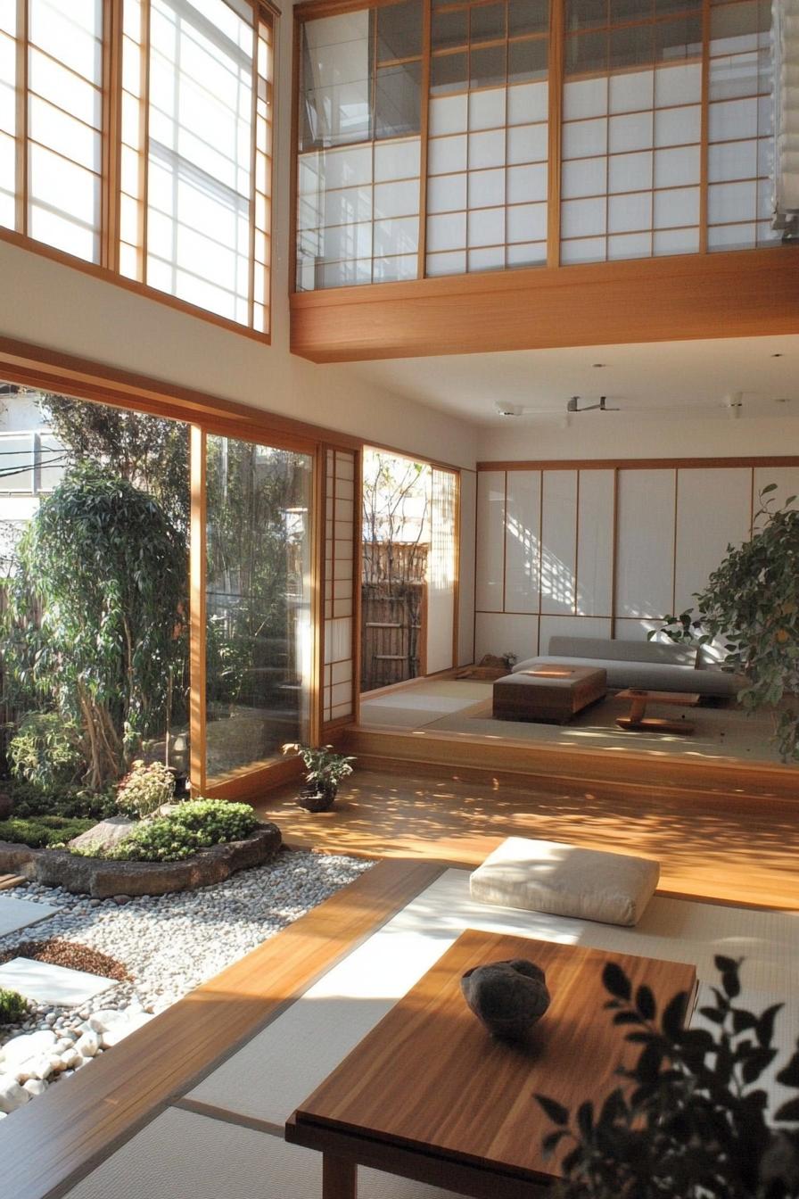 modern japanese home lofted living area connected to a courtyard with zen garden shoji sliding doors large glass windows 1