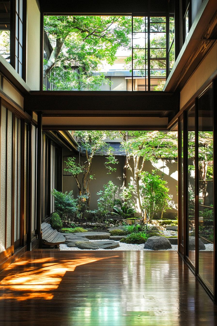 Japanese courtyard with sliding glass doors and lush greenery